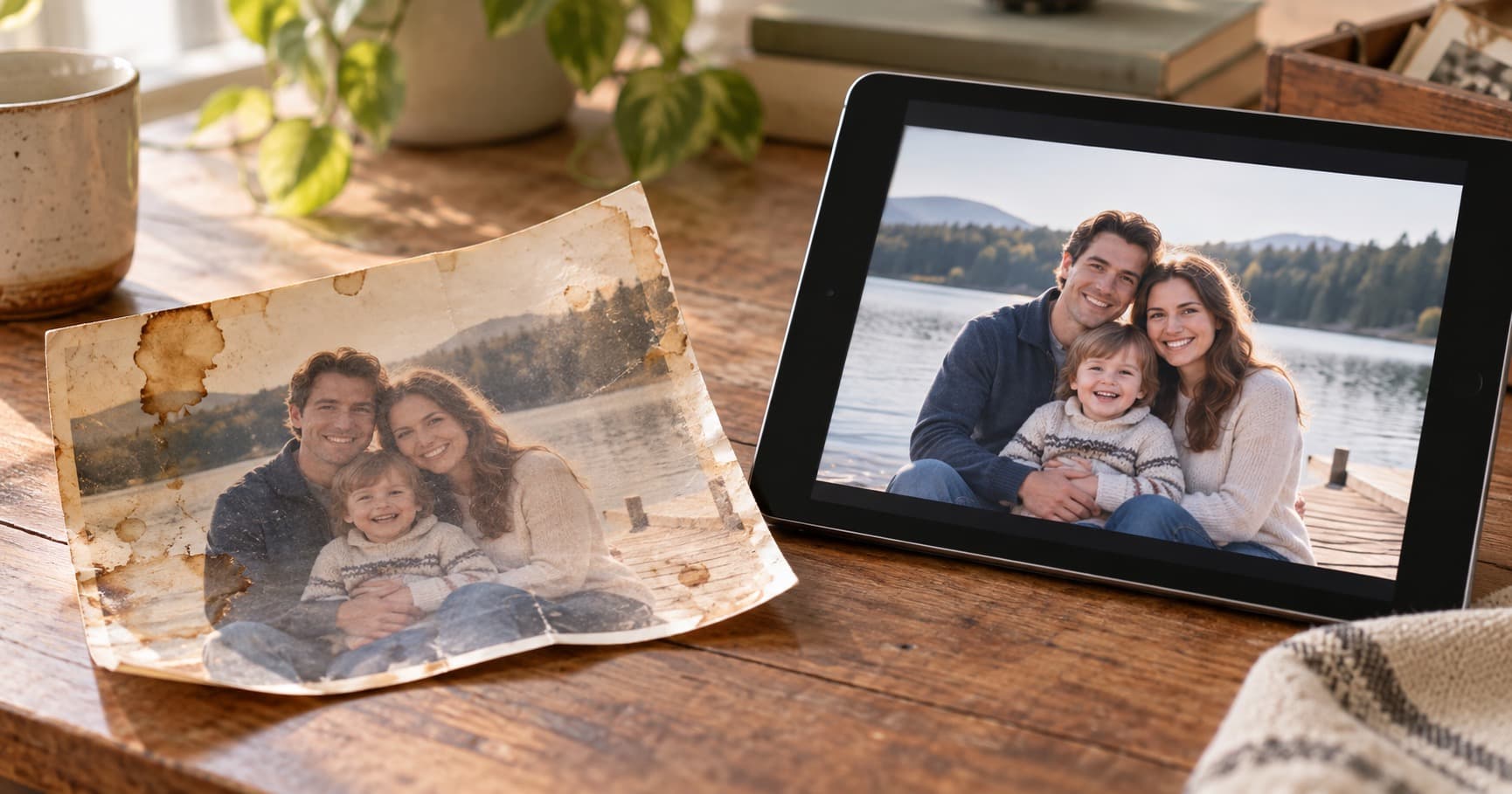A water-damaged family photograph beside a restored copy