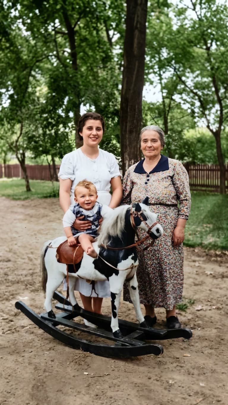 The same family portrait restored in color