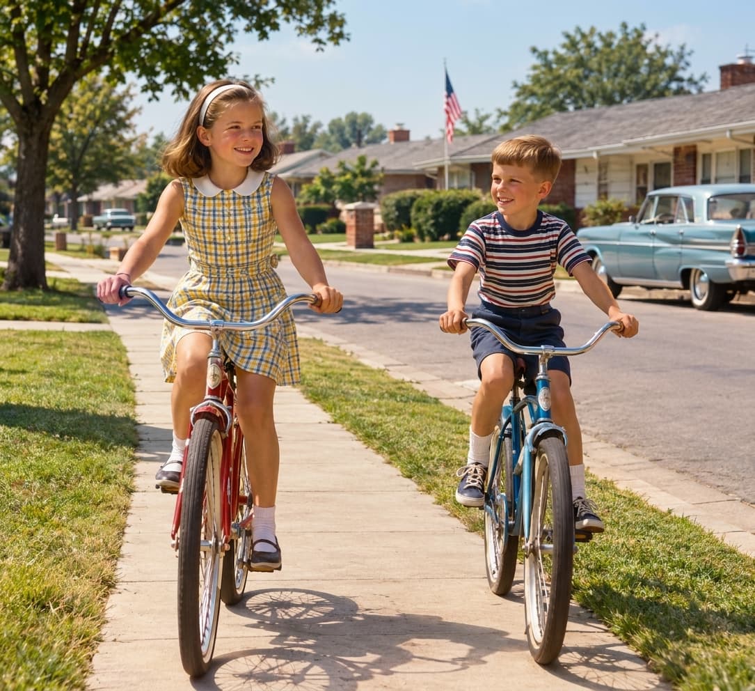 The same bicycle photo colorized with a yellow dress, red bike and blue sky