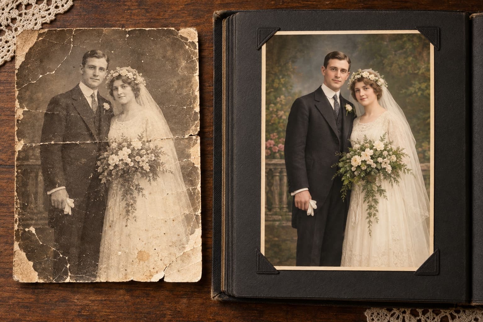 A damaged century-old wedding photograph beside its colorized version in a family album