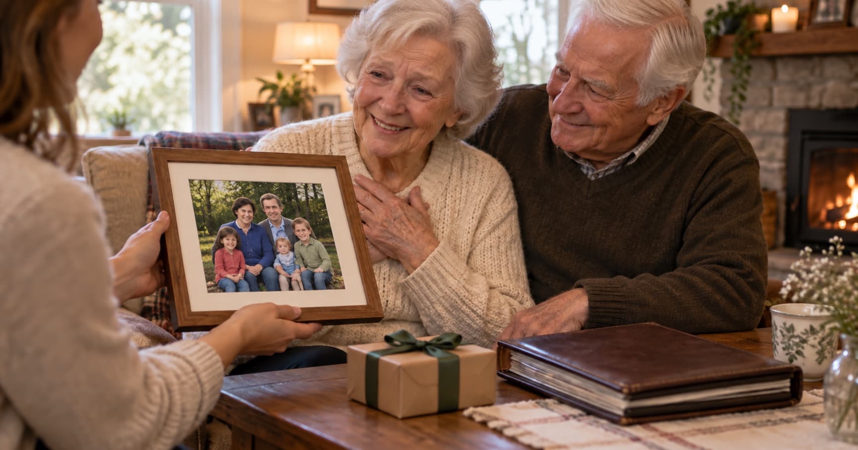 Grandparents receiving a framed, restored and colorized family photo
