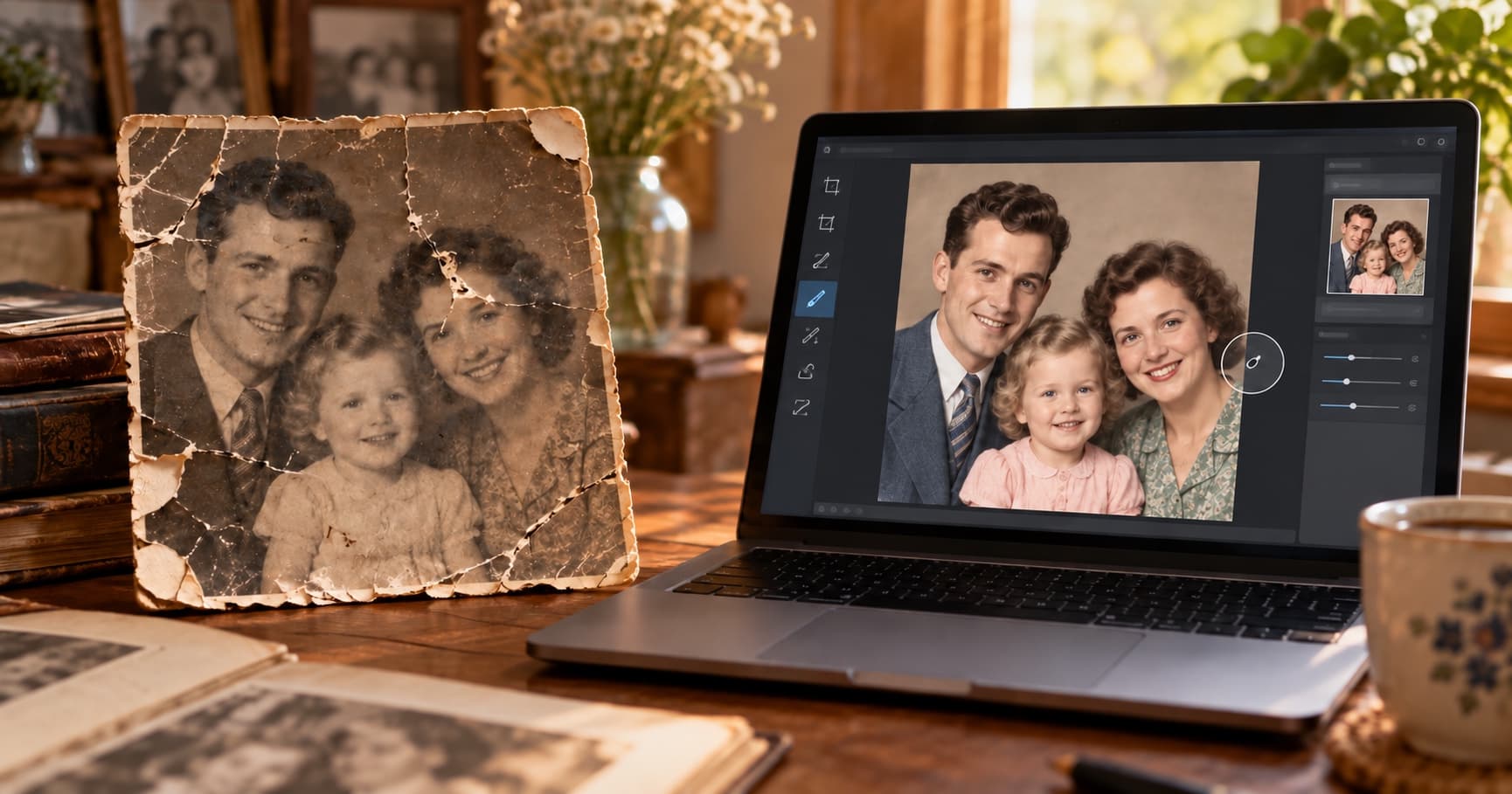 A damaged monochrome family print beside its restored and colorized version on a laptop