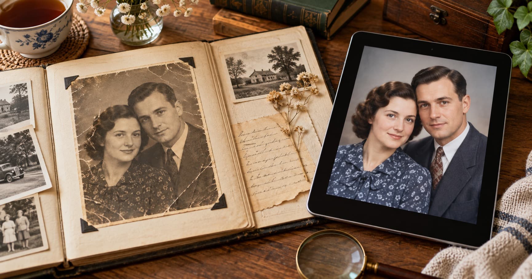 Old family photos arranged beside a restored portrait