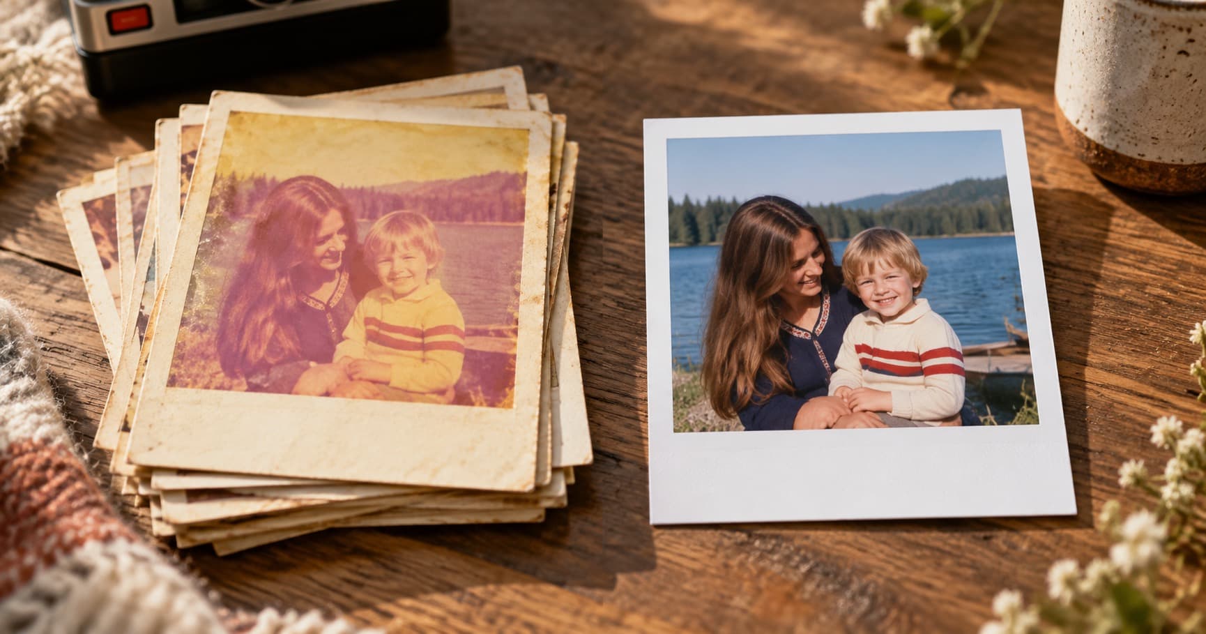 A faded 1970s Polaroid beside a restored version
