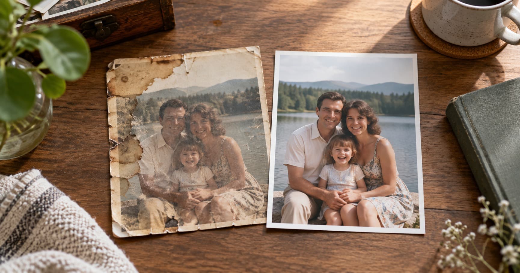 A water-stained family photograph beside a restored digital copy