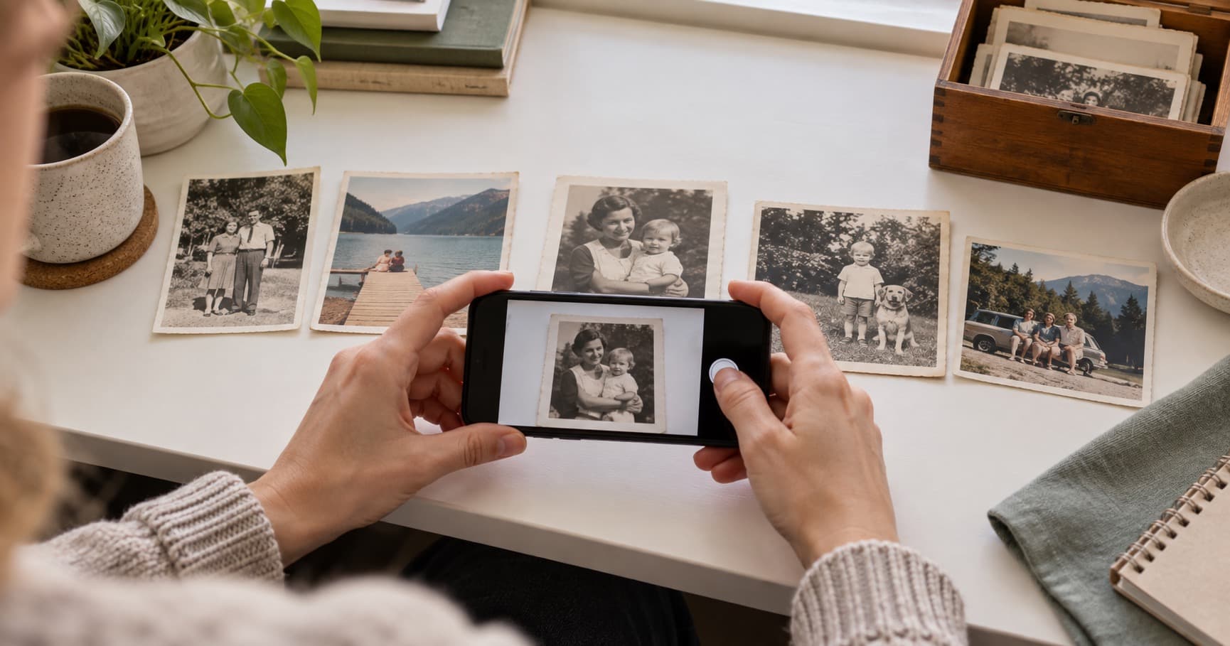 Hands arranging old family photographs for digitizing