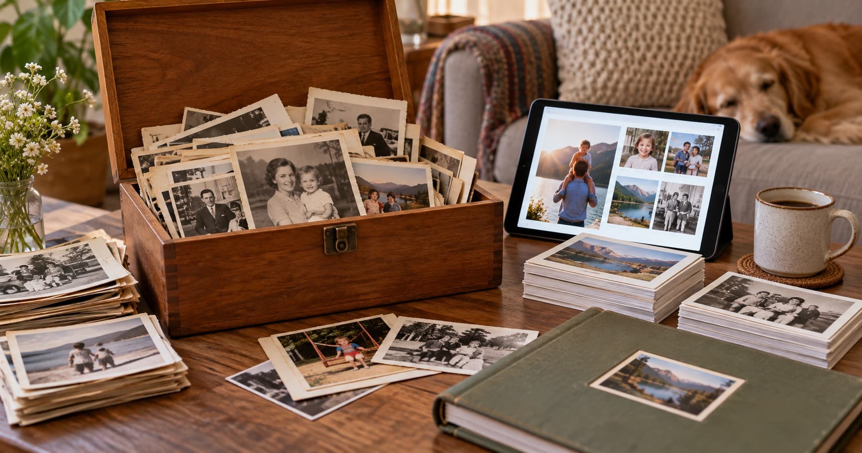 A shoebox of old photographs being organized into a family album