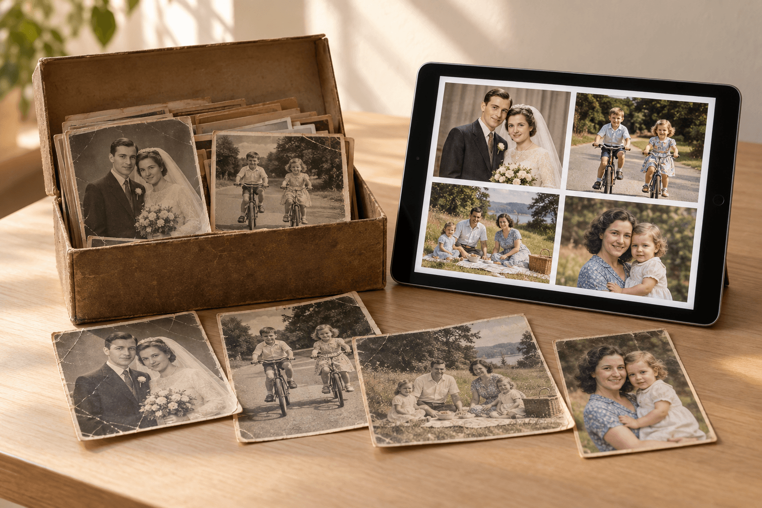 A box of old family photographs beside an iPad showing restored, colorized versions of the same photos.