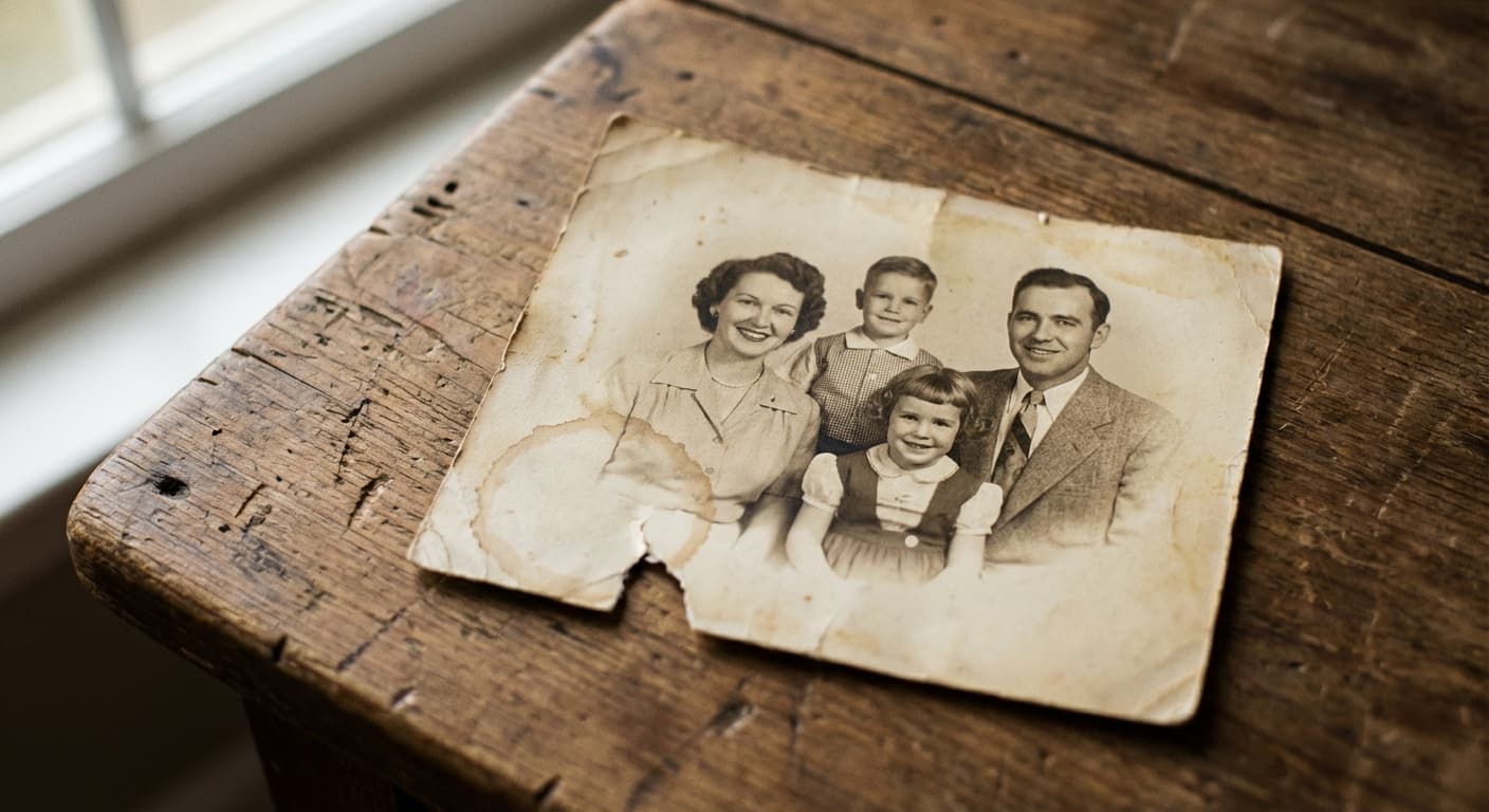 A vintage family photo showing fading and water damage