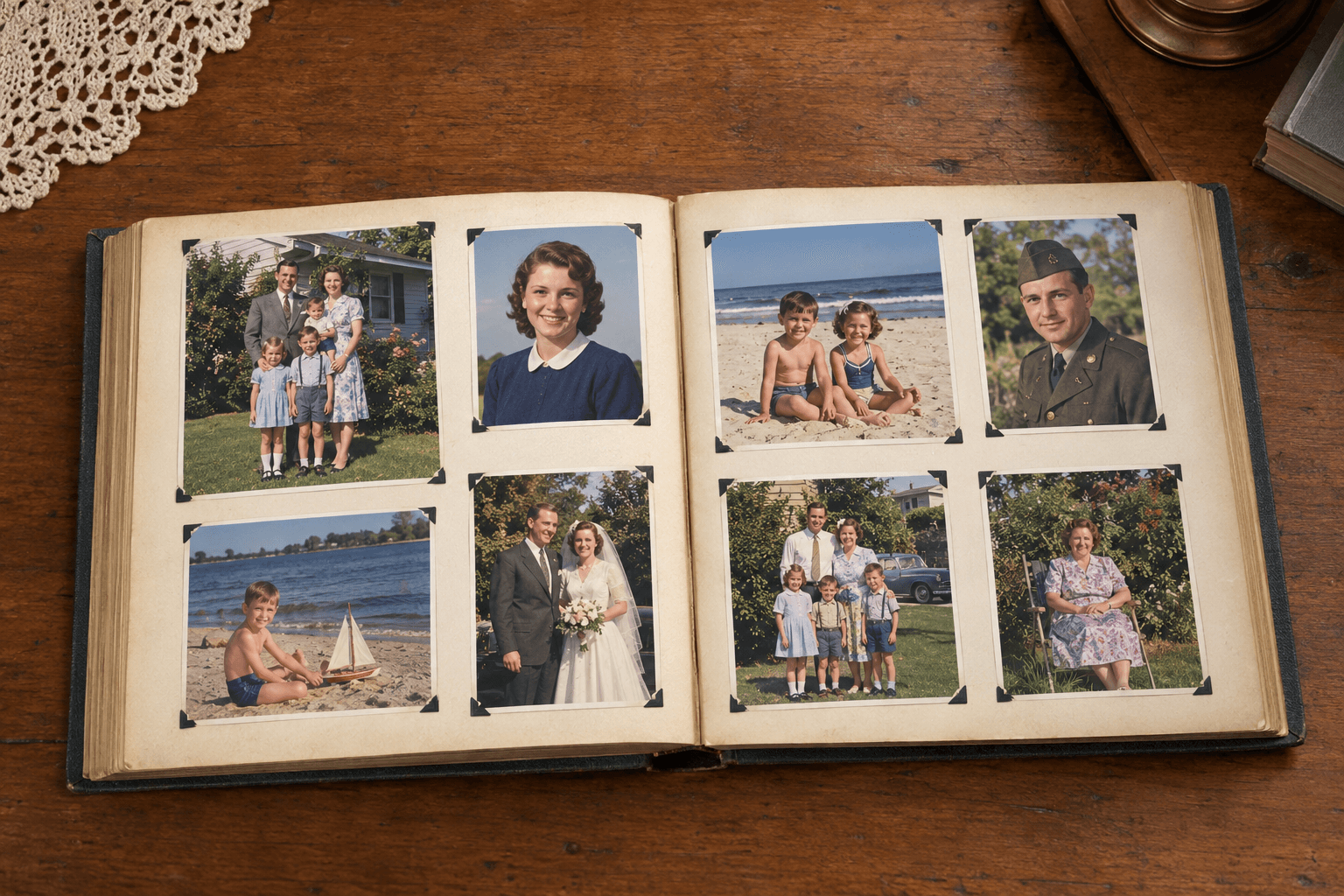 An open family photo album filled with restored color photographs
