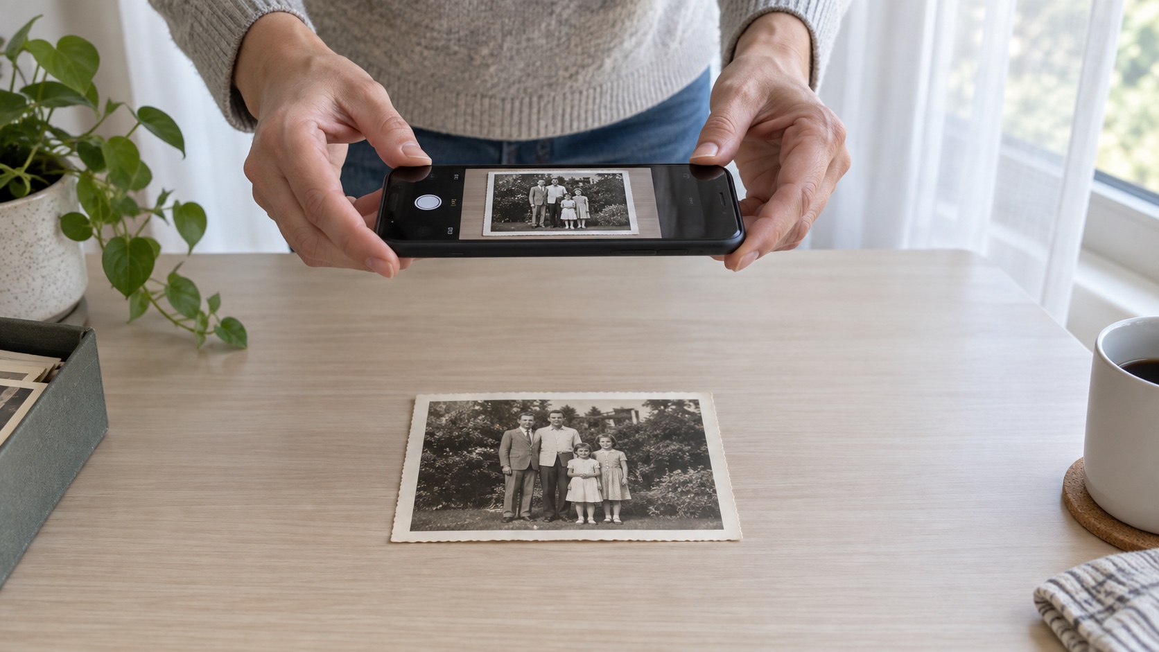 A phone held level directly above a flat family print in bright, indirect window light